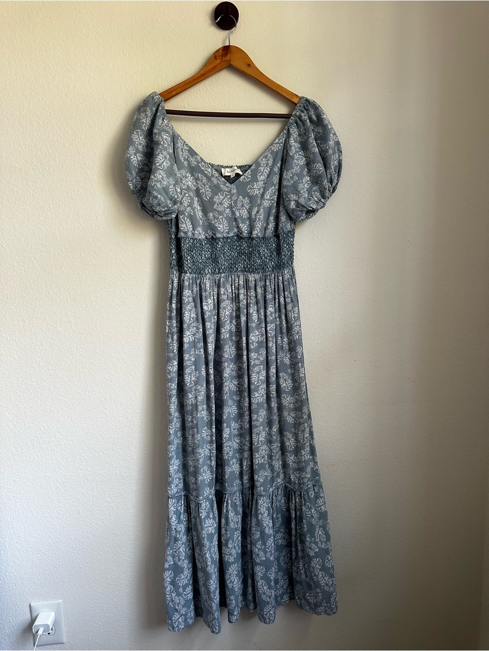 Böhme Blue Gray Palm Print Smocked Puff Sleeve Maxi Dress S